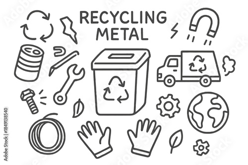 Metal Recycling Doodles. Recycling metal. Hand-drawn doodle illustration recycling metal recycling bin, can, scrap metal, wrench, gear, arrows, magnet, truck,