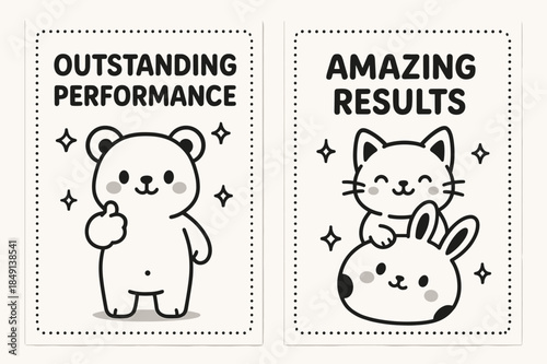 Kawaii Animal Banners. OUTSTANDING. Two vertical A6 banners with safe margins, centered composition, no elements touching edges, kawaii, black and white, cute