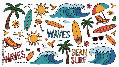 Vibrant Surfing Illustration with Waves, Sun, and Beach Elements