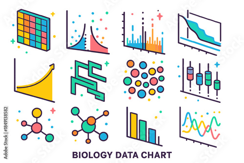 Colorful Biology Charts. Biology data charts. Colorful isometric vector icons set of Biology data charts: gene expression heatmap, volcano plot, Manhattan