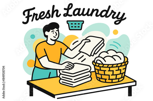 Crisp Towel Folding. Folding Station Scene. A person folds crisp towels on a table; soft motion lines show rhythm and calm. ?Fresh Laundry? floats in smooth