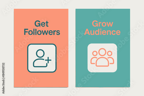 Social Media Banners. Followers. Two vertical A6 banners with safe margins, centered composition, no elements touching edges, minimal, coral and teal, social