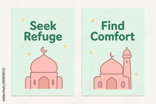 Seek Refuge, Find Comfort. Refuge in Him. Two vertical A6 banners with safe margins, centered composition, no elements touching edges, cartoon, pastel mint and