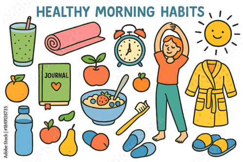 Healthy Morning Doodles. Gig economy. Hand-drawn doodle illustration gig economy briefcase, mobile app, star rating, wallet, invoice, contract, delivery box,