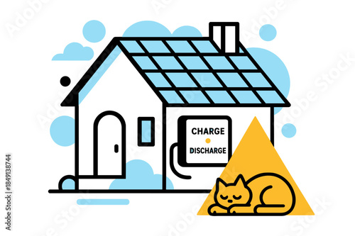Solar-Powered Serenity. Home Battery & Solar Roof. A cozy house wears neat PV shingles; a wall battery glows with ?Charge ? Discharge.? A pet naps under a