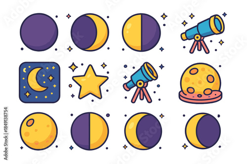 Colorful Lunar Icons. Lunar cycle. Colorful isometric vector icons set of lunar cycle: new moon, waxing crescent, first quarter, waxing gibbous, full moon,