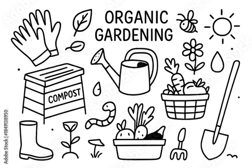 Organic Gardening Doodles. Organic gardening. Hand-drawn doodle illustration organic gardening compost bin, watering can, gloves, leaf, vegetable basket,