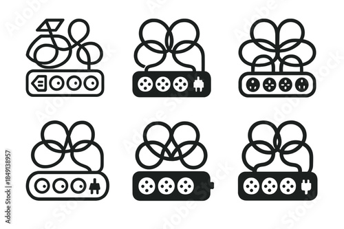 Power Strip Logos. Power strip clutter. Set Logo of Power strip clutter: overloaded strip with loops. harmonious logo variations of the same emblematic