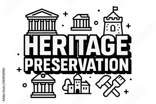 Heritage in Bold. Bold Block Lettering ? "Heritage Preservation" in massive bold geometric letters, stacked block composition, heavy outlines with subtle drop