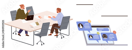 Two colleagues engaged in discussion at an office table with a laptop and documents. Digital chat interface displaying messages nearby. Ideal for teamwork, collaboration, technology, remote work