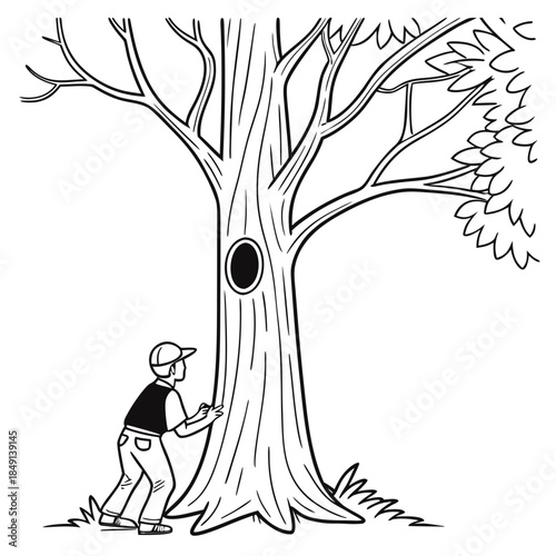 Person examining tree hole