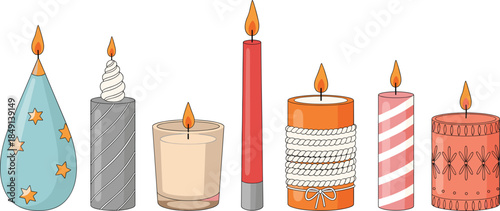 Decorative burning candles collection in various shapes and styles isolated on white, cozy home decor vector illustration
