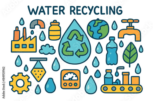 Water Recycling Doodle. Water Recycling. Colorful Hand-drawn doodle Children illustration Water Recycling recycle arrows, water drop, factory, pipe, tank,