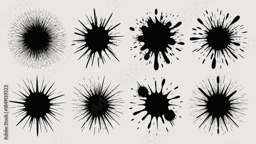 Dynamic Black Ink Splatter and Radial Burst Designs