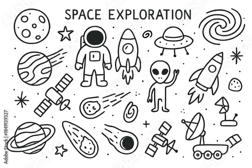 Space Exploration Doodles. Hand-drawn doodle illustration. space exploration. Hand-drawn doodle illustration space exploration, planets, stars, rockets,
