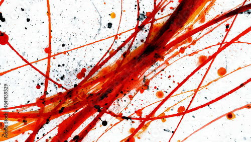 Abstract Red & Yellow Paint Splatter Background. Vibrant Expressionist Acrylic Drips, Fiery Orange Ink Droplets & Watercolor Texture. Jackson Pollock Style Canvas for Modern Digital Design.