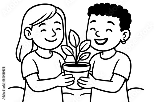 Friends Sharing Plant. Queer platonic partnership children?s coloring book illustration, outlined drawing, two friends sharing a plant and smiling, educational