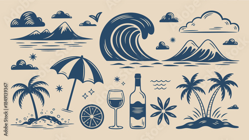 Tropical Beach Scene with Wave, Cocktail, and Palm Trees Illustration