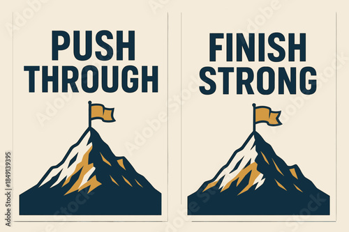 Mountain Success Banners. Perseverance. Two vertical A6 banners with safe margins, centered composition, no elements touching edges, bold, navy and gold,