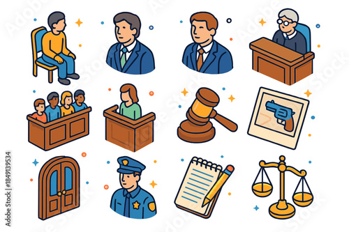 Isometric Courtroom Icons. Criminal trial scene. Colorful isometric vector icons set of Criminal trial scene: defendant in chair, defense attorney, prosecutor,