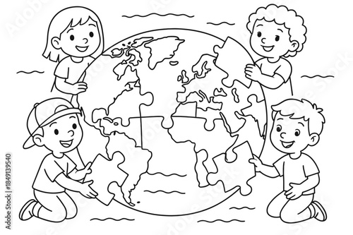 Puzzle World Coloring. World map puzzle children?s coloring book illustration, outlined drawing, continents shaped as puzzle pieces being placed together by