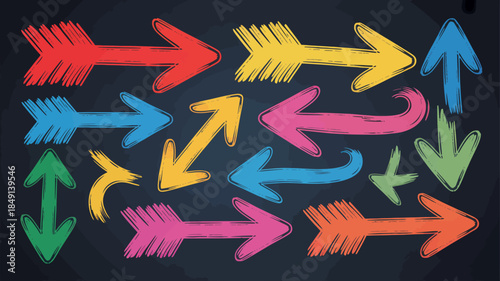 Vibrant Colorful Arrows Pointing in All Directions on Dark Background