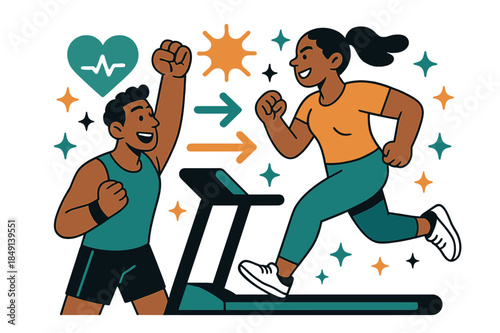 Dynamic Workout Motivation. Workout motivation. Personal trainer cheering client during cardio session with abstract floating arrows, icons, and sparkles;