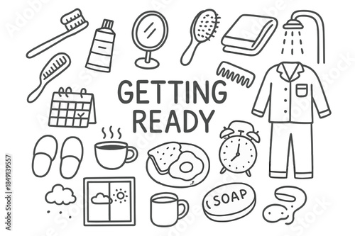 Morning Routine Icons. Getting Ready. Hand-drawn doodle illustration Getting Ready toothbrush, toothpaste, mirror, hairbrush, towel, shower, comb, alarm clock,