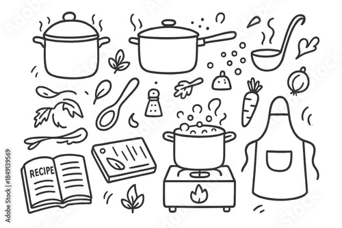 Doodle Cooking Essentials. Cooking pots. Hand-drawn doodle illustration cooking pots saucepan, stock pot, soup ladle, steam lines, boiling bubbles, spoon, salt