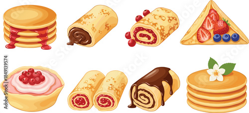 Dessert pastries collection with pancakes crepes rolls and fruit cakes isolated on white, sweet bakery vector illustration