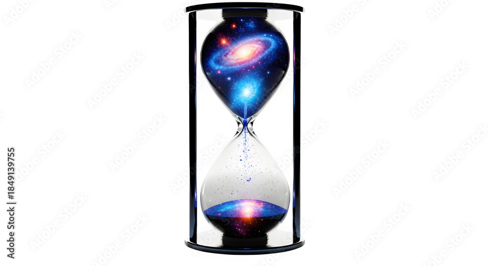 Fototapeta premium Hourglass with galaxy inside, symbolizing time, space, and cosmic flow isolated on transparent background