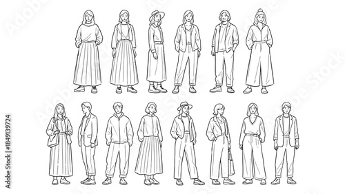 Set of Vector Line Art Fashion Illustrations: Diverse Men and Women Models Standing and Posing in Various Casual and Trendy Outfits for Sewing Patterns and Design Projects
