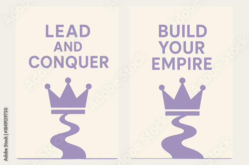 Lead and Conquer Banners. Lead and conquer. Two vertical A6 banners with safe margins, centered composition, no elements touching edges, minimal, lavender and