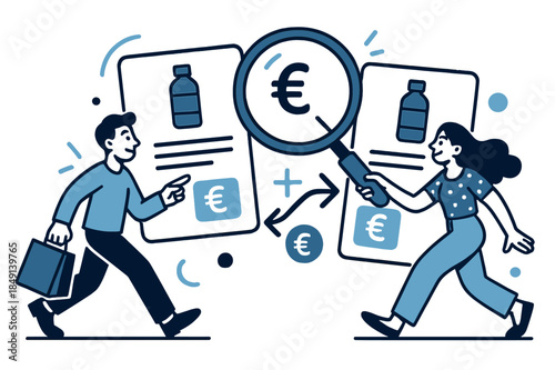 Price Comparison Scene. Shopping Habits ? Price Comparison. Two product cards tilt side by side; tags ??? glide into alignment. A magnifier traces a neat arrow