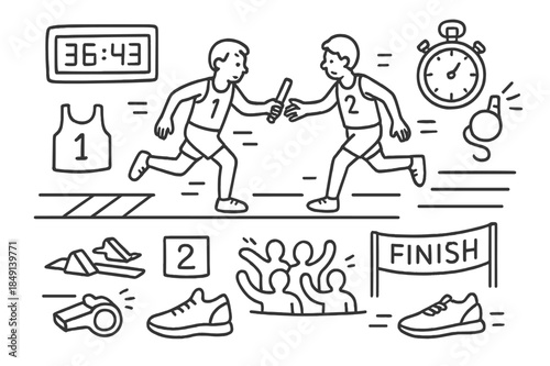 Relay Race Doodles. Relay race. Hand-drawn doodle illustration relay race baton, runners, lane lines, starting blocks, finish tape, stopwatch, whistle,