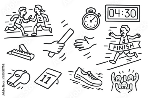 Relay Race Doodles. Relay race. Hand-drawn doodle illustration relay race baton, runners, lane lines, starting blocks, finish tape, stopwatch, whistle,