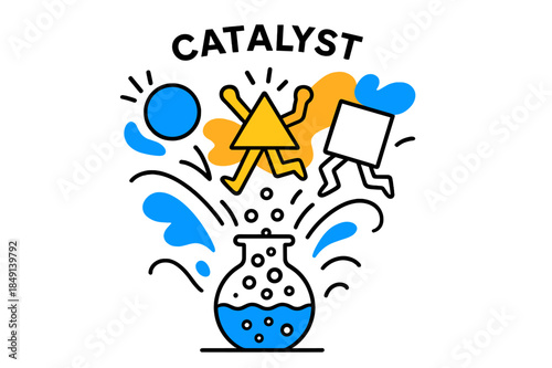 Vibrant Chemical Reaction. Catalyst. Chemical reaction illustrated with bubbling solution and floating abstract geometric shapes, vibrant and transformative