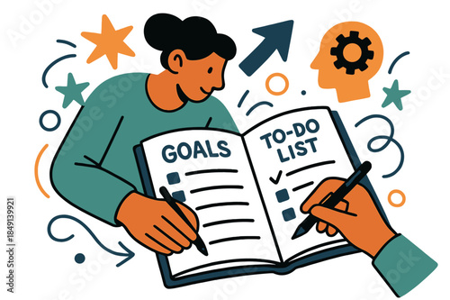 Goal Setting Essentials. A person setting goals and writing a to-do list in a planner for self-improvement. Close-up of hands writing in planner with abstract