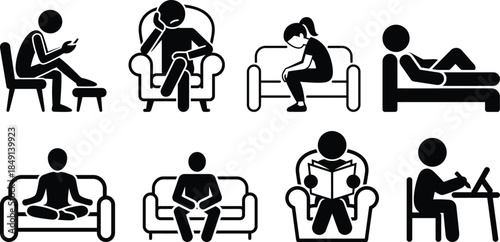 Collection of stick figures depicting sedentary lifestyles and leisure activities