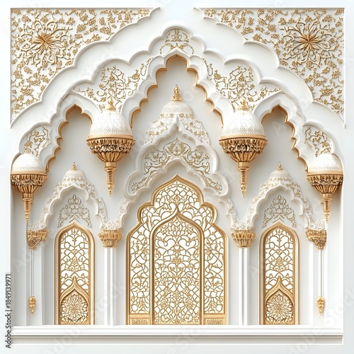 Intricate white and gold architectural relief panel showcases elaborate ornamental arches and latticework windows