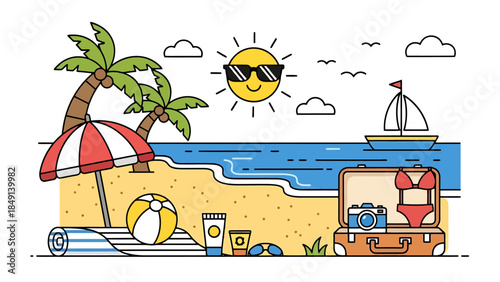 Tropical Beach Scene with Palm Trees Sun and Ocean Activities