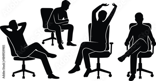 Office chair seated posture icon set, black silhouette illustration of workplace behavior, ergonomics, and body language concept graphic