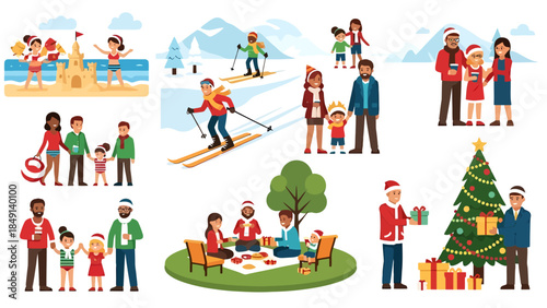 Family Recreational Activities and Holiday Celebration Scenes in a Park