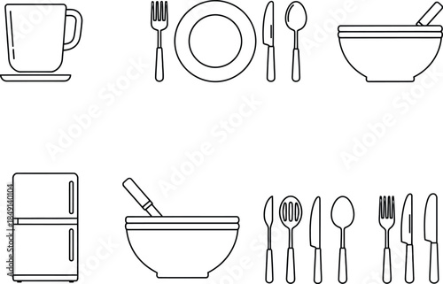 White filled neat icons of neat cup plate fork knife spoon bowl kitchen utensil set