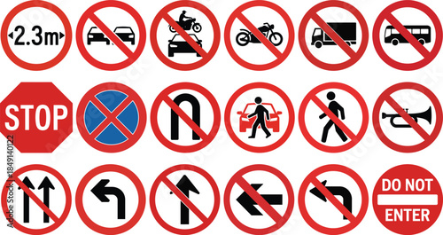 Various road safety signs illustrating traffic rules and vehicle movement prohibitions