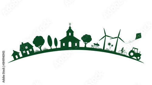 Green Silhouette Village Scene with Church, Wind Turbine, and Farm Tractor