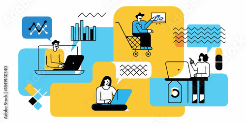 Digital commerce and online shopping illustration featuring people and technology