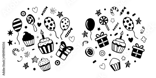 A festive arrangement of party elements balloons cupcakes gifts and candies