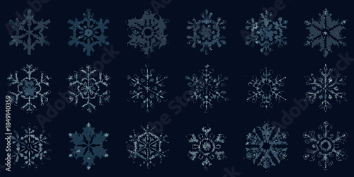 A collection of intricate blue pixelated snowflakes against a dark background