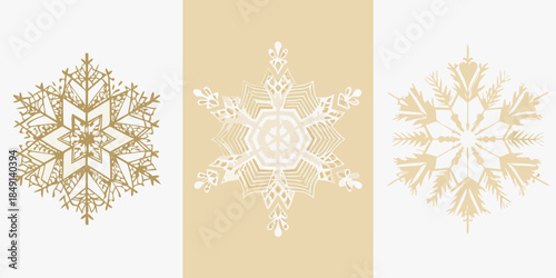 Three golden snowflake illustrations against a pale beige background